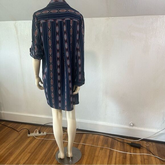 Entro Navy Blue Southwestern Pattern Shirtdress with rolled up sleeves - Picture 7 of 16